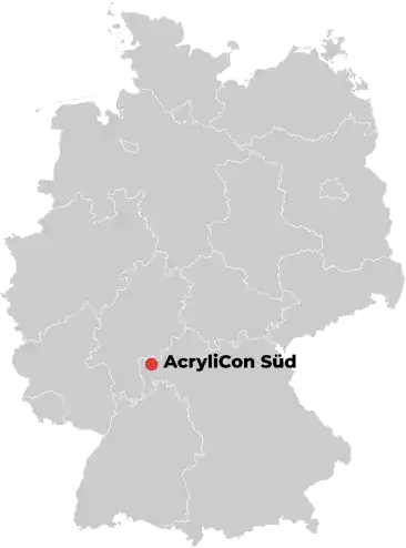AcrylCon Süd, Standortkarte in Deutschland, Fokus auf hochwertige Acrylprodukte für Optima.