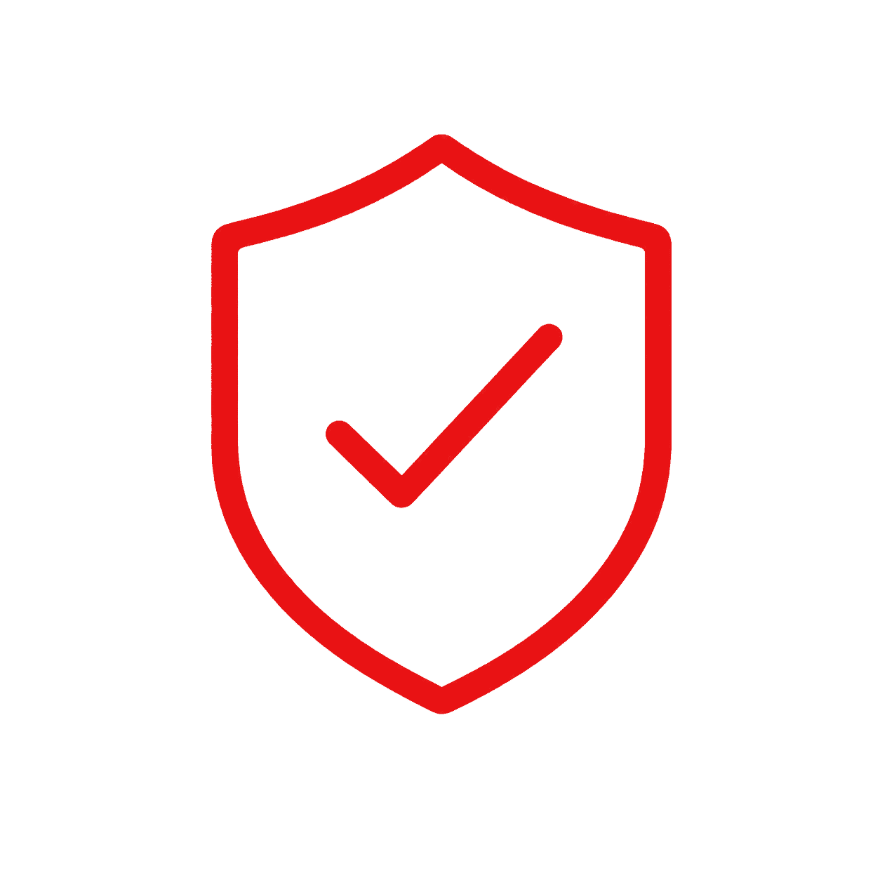 Rote Schutzschild-Ikone mit Häkchen, Symbol für Sicherheit und Schutz bei Acrylprodukten.